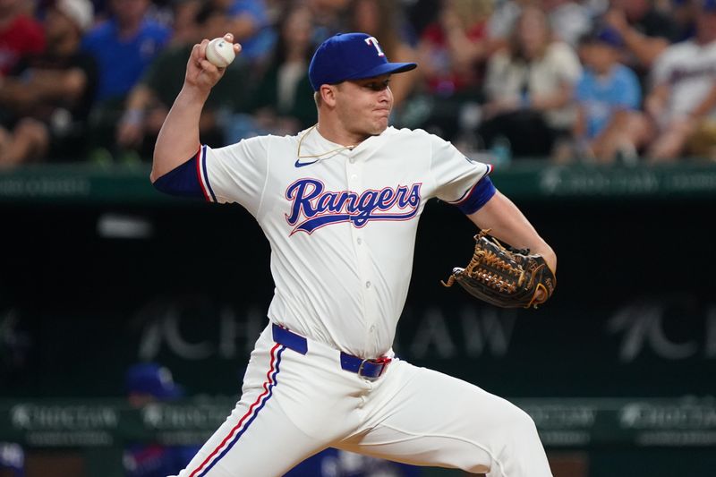 Apr 28, 2025; Arlington, Texas, USA; Texas Rangers pitcher Jacob Webb (71) throws to the plate against the Athletics during the sixth inning at Globe Life Field. Mandatory Credit: Raymond Carlin III-Imagn Images