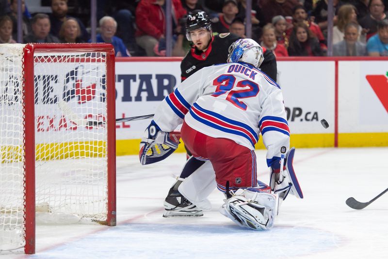 Jan 27, 2024; Ottawa, Ontario, CAN; New York Rangers goalie Jonathan Quick (32) makes a save on a shot from Ottawa Senators right wing Drake Batherson (19) in the first period at the Canadian Tire Centre. Mandatory Credit: Marc DesRosiers-USA TODAY Sports