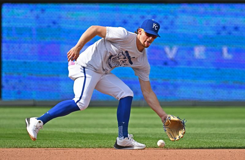 Jun 28, 2024; Kansas City, Missouri, USA;  Kansas City Royals shortstop Bobby Witt Jr. (7) takes fielding practice before a game against the Cleveland Guardians at Kauffman Stadium. Mandatory Credit: Peter Aiken-USA TODAY Sports