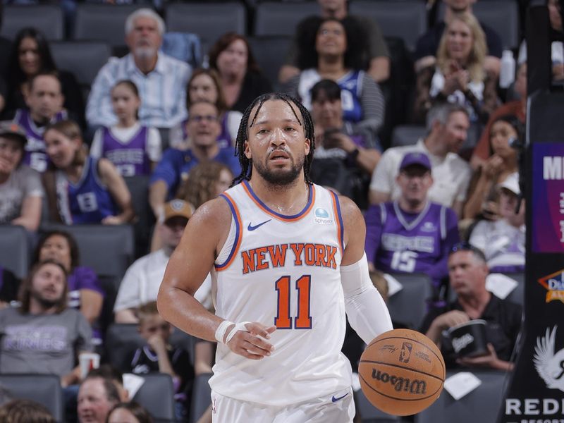 SACRAMENTO, CA - MARCH 16: Jalen Brunson #11 of the New York Knicks dribbles the ball during the game against the Sacramento Kings on March 16, 2024 at Golden 1 Center in Sacramento, California. NOTE TO USER: User expressly acknowledges and agrees that, by downloading and or using this Photograph, user is consenting to the terms and conditions of the Getty Images License Agreement. Mandatory Copyright Notice: Copyright 2024 NBAE (Photo by Rocky Widner/NBAE via Getty Images)