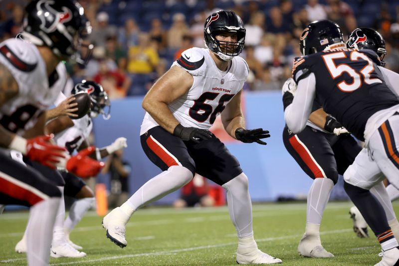 Houston Texans offensive tackle Kilian Zierer (66) looks to make a block during an NFL preseason football game against the Chicago Bears, Thursday Aug. 21, 2024, in Canton, Ohio. (AP Photo/Kirk Irwin)