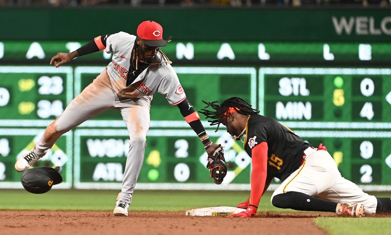 Aug 24, 2024; Pittsburgh, Pennsylvania, USA; Cincinnati Reds shortstop Elly De La Cruz (44) applies a late tag to Pittsburgh Pirates base runner Oneil Cruz (15) during the sixth inning at PNC Park. Mandatory Credit: Philip G. Pavely-USA TODAY Sports