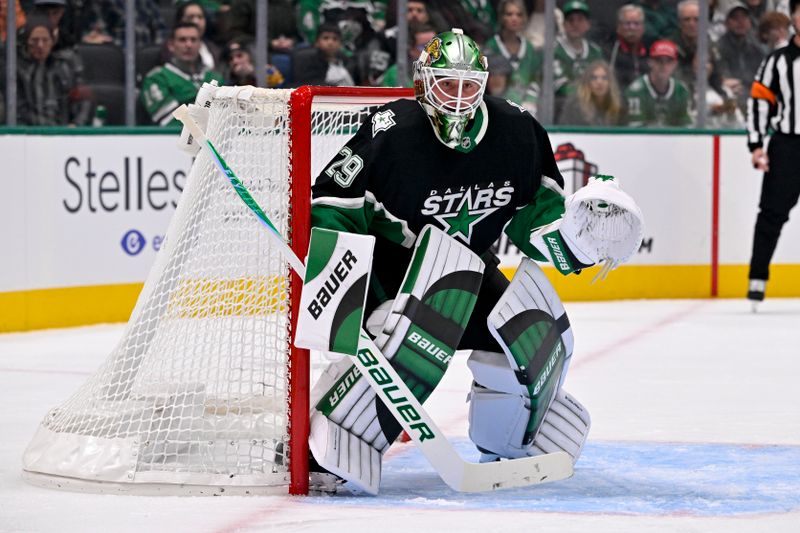 Nov 28, 2025; Dallas, Texas, USA; Dallas Stars goaltender Jake Oettinger (29) faces the Utah Mammoth attack during the first period at the American Airlines Center. Mandatory Credit: Jerome Miron-Imagn Images