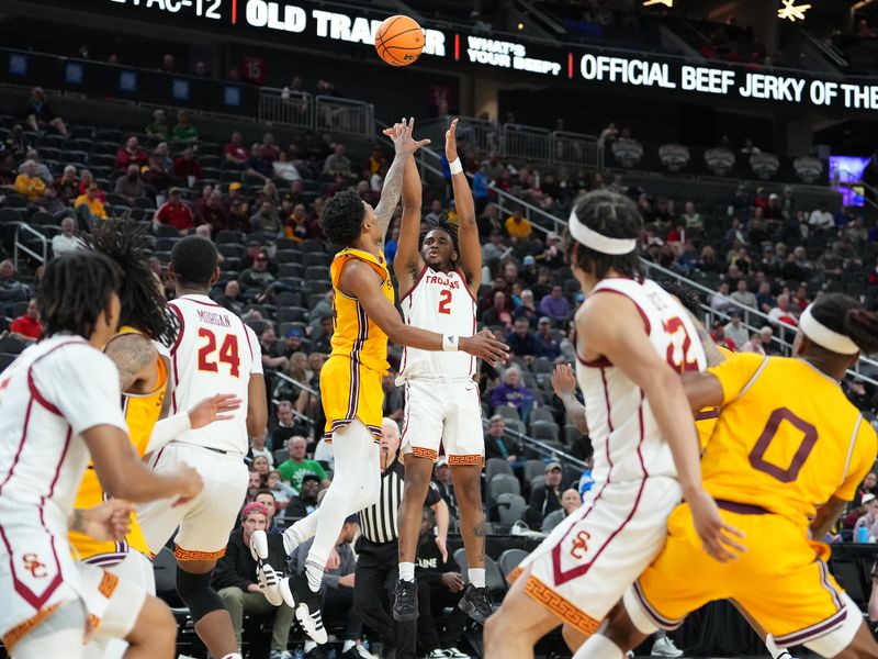 Mar 9, 2023; Las Vegas, NV, USA; USC Trojans guard Reese Dixon-Waters (2) shoots against Arizona State Sun Devils guard Desmond Cambridge Jr. (4) during the second half at T-Mobile Arena. Mandatory Credit: Stephen R. Sylvanie-USA TODAY Sports