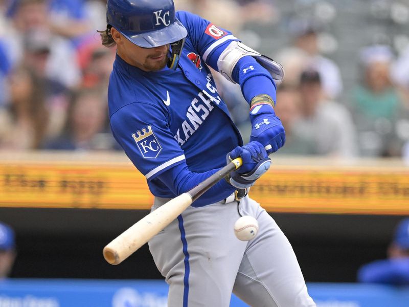 May 27, 2024; Minneapolis, Minnesota, USA; Kansas City Royals infielder Bobby Witt Jr. (7) hits a single against the Minnesota Twins during the first inning at Target Field. Mandatory Credit: Nick Wosika-USA TODAY Sports