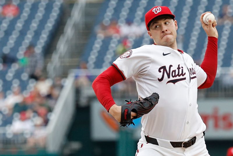 Jun 5, 2024; Washington, District of Columbia, USA; Washington Nationals starting pitcher Patrick Corbin (46) pitches against the New York Mets during the second inning at Nationals Park. Mandatory Credit: Geoff Burke-USA TODAY Sports