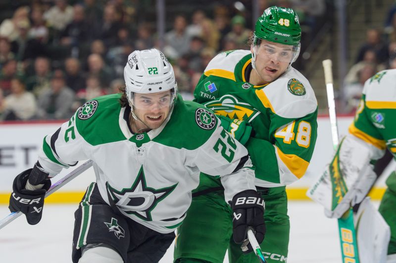 Dec 11, 2025; Saint Paul, Minnesota, USA; Dallas Stars center Mavrik Bourque (22) and Minnesota Wild defenseman Daemon Hunt (48) collide in the second period at Grand Casino Arena. Mandatory Credit: Matt Blewett-Imagn Images