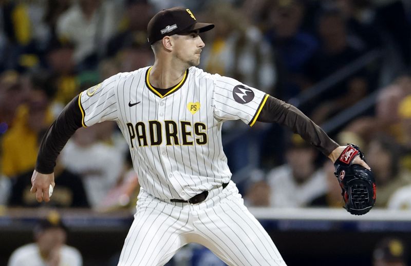 Oct 9, 2024; San Diego, California, USA; San Diego Padres pitcher Bryan Hoeing (78) throws in the third inning against the Los Angeles Dodgers during game four of the NLDS for the 2024 MLB Playoffs at Petco Park.  Mandatory Credit: Denis Poroy-Imagn Images