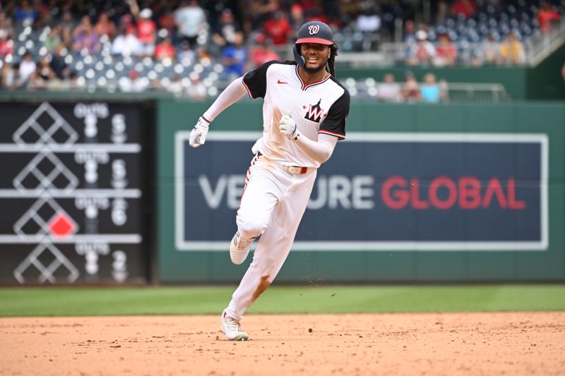 Aug 4, 2024; Washington, District of Columbia, USA; Washington Nationals center fielder James Wood (29) sprints to third base for a triple against the Milwaukee Brewers during the sixth inning at Nationals Park. Mandatory Credit: Rafael Suanes-USA TODAY Sports