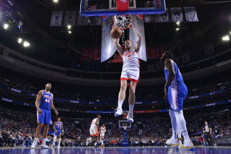 PHILADELPHIA, PA - JANUARY 15: Jock Landale #2 of the Houston Rockets dunks the ball during the game against the Philadelphia 76ers on January 15, 2024 at the Wells Fargo Center in Philadelphia, Pennsylvania NOTE TO USER: User expressly acknowledges and agrees that, by downloading and/or using this Photograph, user is consenting to the terms and conditions of the Getty Images License Agreement. Mandatory Copyright Notice: Copyright 2024 NBAE (Photo by Jesse D. Garrabrant/NBAE via Getty Images)