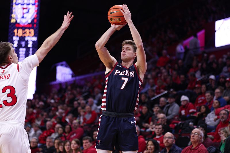 Dec 20, 2025; Piscataway, New Jersey, USA; Penn Quakers guard Michael Zanoni (7) shoots the ball against the Rutgers Scarlet Knights during the first half at Jersey Mike's Arena. Mandatory Credit: Vincent Carchietta-Imagn Images