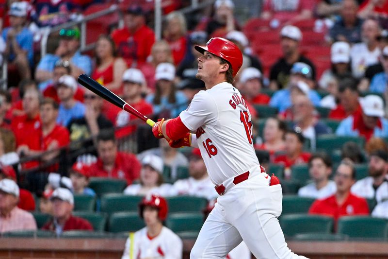 May 17, 2024; St. Louis, Missouri, USA;  St. Louis Cardinals second baseman Nolan Gorman (16) hits a solo home run against the Boston Red Sox during the second inning at Busch Stadium. Mandatory Credit: Jeff Curry-USA TODAY Sports