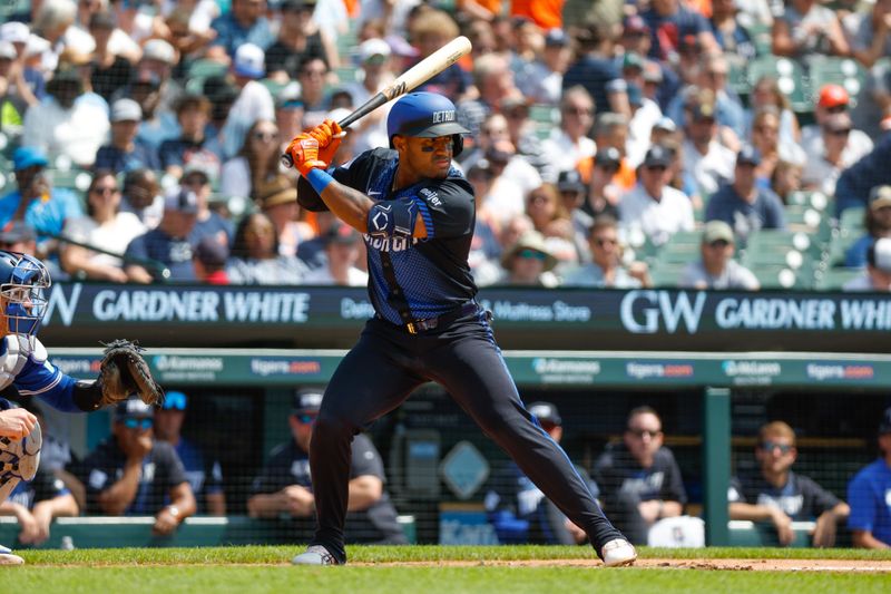 May 26, 2024; Detroit, Michigan, USA; Detroit Tigers second baseman Andy Ibáñez (77) hits during an at bat in the first inning of the game against the Toronto Blue Jays at Comerica Park. Mandatory Credit: Brian Bradshaw Sevald-USA TODAY Sports