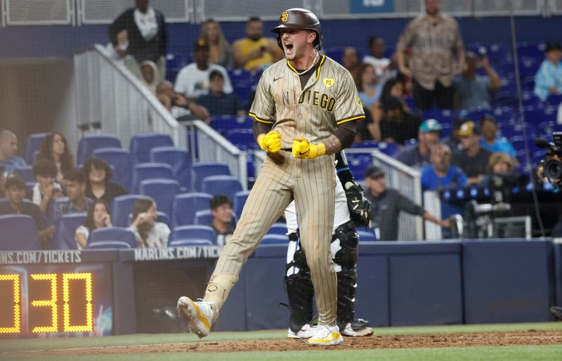 Aug 9, 2024; Miami, Florida, USA;  San Diego Padres center fielder Jackson Merrill (3) celebrates his home run against the Miami Marlins in the ninth inning at loanDepot Park. Mandatory Credit: Rhona Wise-USA TODAY Sports