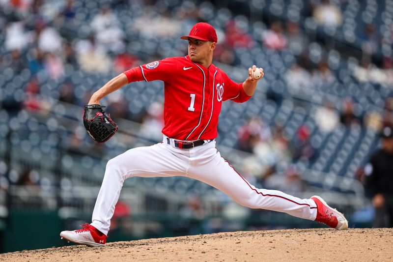 Mar 28, 2023; Washington, District of Columbia, USA; Washington Nationals starting pitcher MacKenzie Gore (1) delivers a pitch against the New York Yankees during the eighth inning of the Spring Training game at Nationals Park. Mandatory Credit: Scott Taetsch-USA TODAY Sports