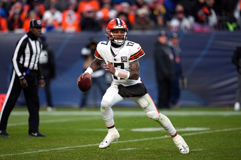 Cleveland Browns quarterback Dorian Thompson-Robinson drops back to pass during the second half of an NFL football game against the Denver Broncos on Sunday, Nov. 26, 2023, in Denver. (AP Photo/Jack Dempsey)