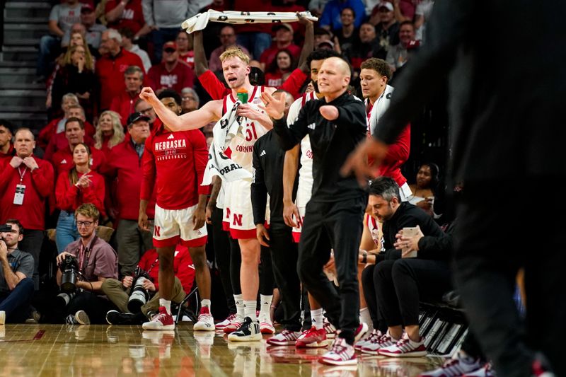 Jan 3, 2024; Lincoln, Nebraska, USA; The Nebraska Cornhuskers react to a call against the Indiana Hoosiers during the first half at Pinnacle Bank Arena. Mandatory Credit: Dylan Widger-USA TODAY Sports