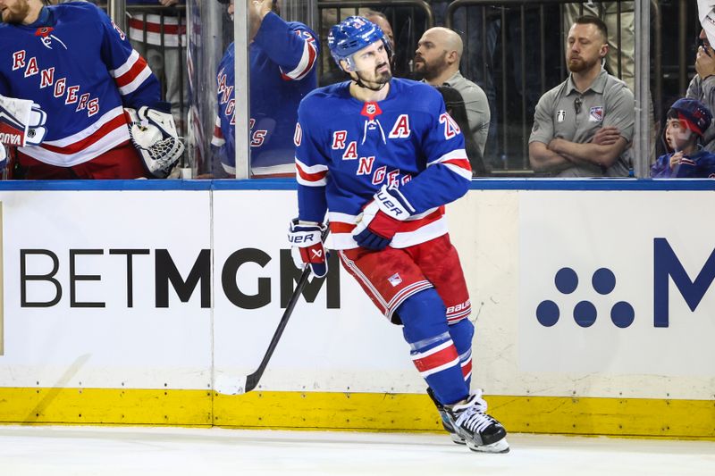 Apr 21, 2024; New York, New York, USA; New York Rangers left wing Chris Kreider (20) celebrates after scoring a goal in the third period against the Washington Capitals in game one of the first round of the 2024 Stanley Cup Playoffs at Madison Square Garden. Mandatory Credit: Wendell Cruz-USA TODAY Sports