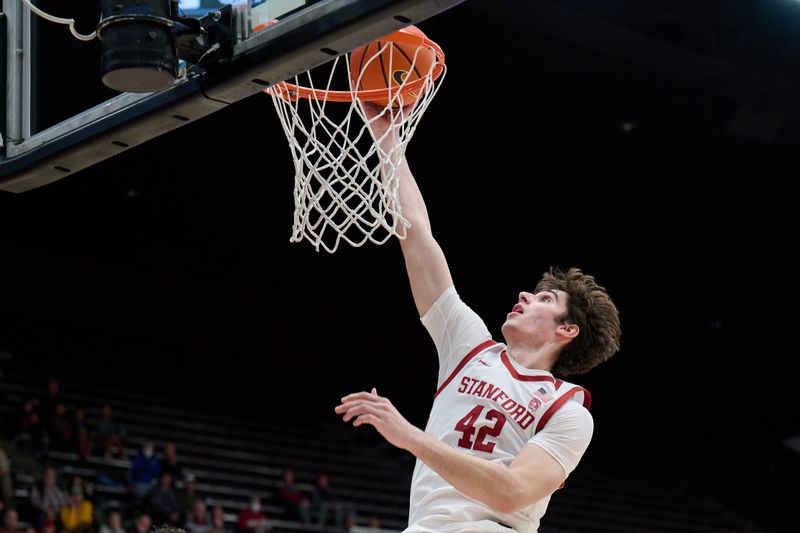 Jan 18, 2024; Stanford, California, USA; Stanford Cardinal forward Maxime Raynaud (42) shoots the ball against the Washington State Cougars during the first half at Maples Pavilion. Mandatory Credit: Robert Edwards-USA TODAY Sports