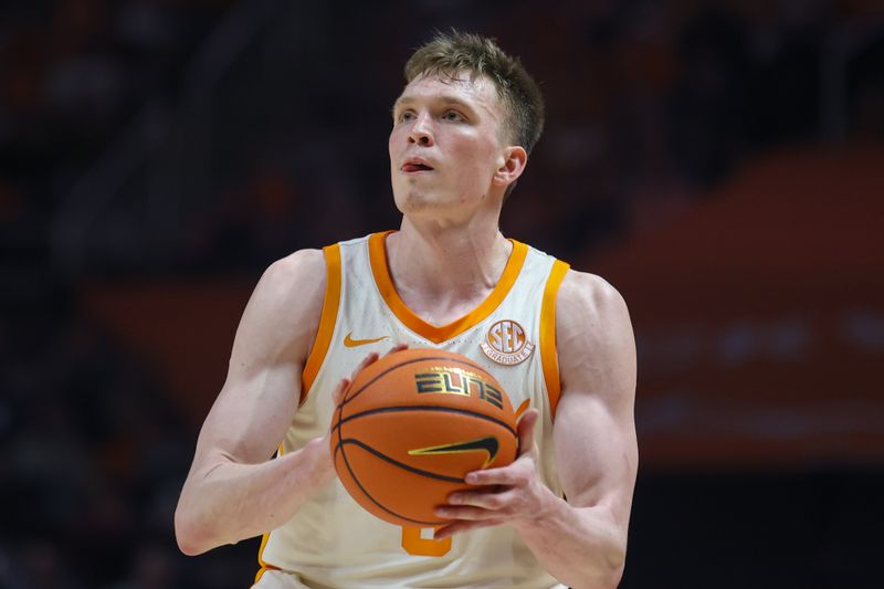 Feb 28, 2024; Knoxville, Tennessee, USA; Tennessee Volunteers guard Dalton Knecht (3) shoots the ball against the Auburn Tigers during the second half at Thompson-Boling Arena at Food City Center. Mandatory Credit: Randy Sartin-USA TODAY Sports