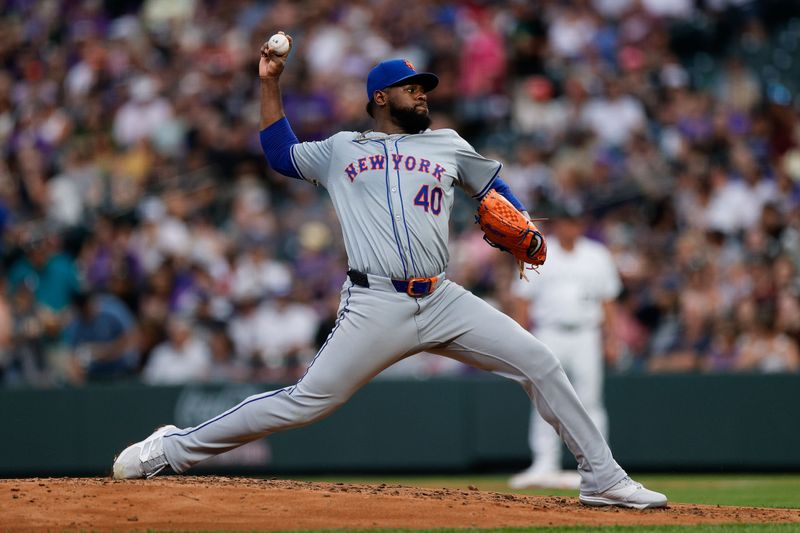 Aug 6, 2024; Denver, Colorado, USA; New York Mets starting pitcher Luis Severino (40) pitches in the third inning against the Colorado Rockies at Coors Field. Mandatory Credit: Isaiah J. Downing-USA TODAY Sports