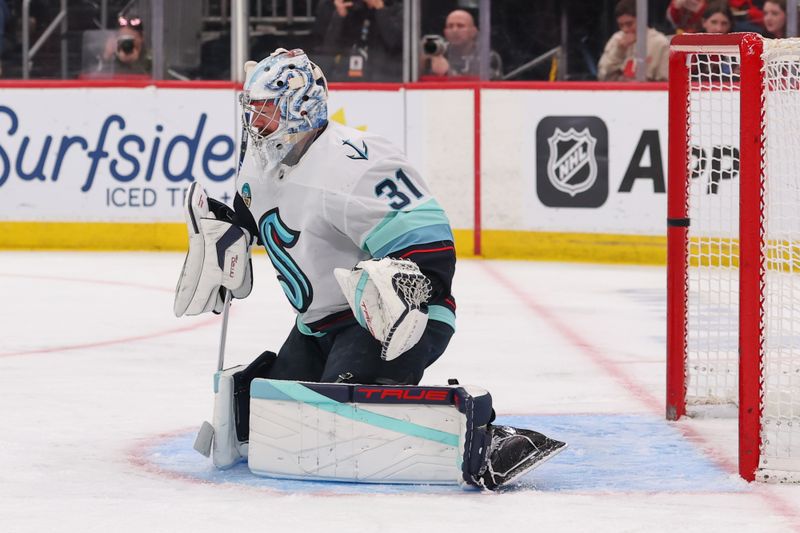 Jan 14, 2026; Newark, New Jersey, USA; New Jersey Devils center Nico Hischier (13) (not shown) scores a goal on Seattle Kraken goaltender Philipp Grubauer (31) during the second period at Prudential Center. Mandatory Credit: Ed Mulholland-Imagn Images