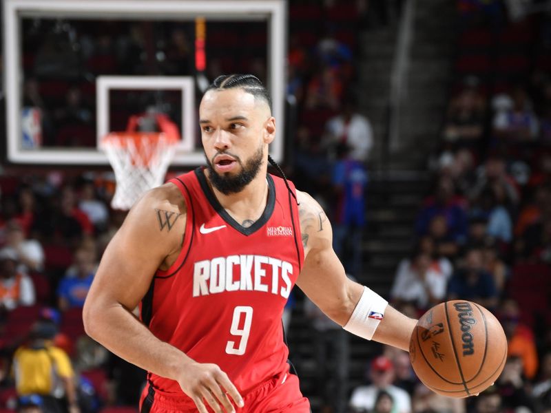 HOUSTON, TX - NOVEMBER 4: Dillon Brooks #9 of the Houston Rockets dribbles the ball during the game against the New York Knicks on November 4, 2024 at the Toyota Center in Houston, Texas. NOTE TO USER: User expressly acknowledges and agrees that, by downloading and or using this photograph, User is consenting to the terms and conditions of the Getty Images License Agreement. Mandatory Copyright Notice: Copyright 2024 NBAE (Photo by Logan Riely/NBAE via Getty Images)