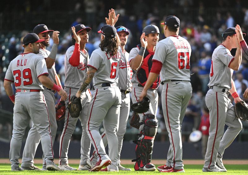 Sep 17, 2023; Milwaukee, Wisconsin, USA;  Washington Nationals celebrate a 2-1 extra innings win over the Milwaukee Brewers at American Family Field. Mandatory Credit: Michael McLoone-USA TODAY Sports