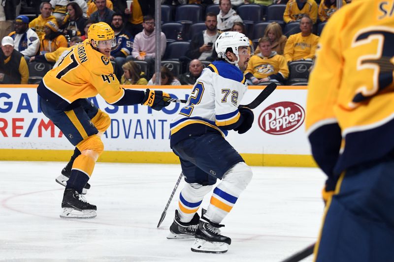 Apr 4, 2024; Nashville, Tennessee, USA; Nashville Predators right wing Michael McCarron (47) scores during the third period against the St. Louis Blues at Bridgestone Arena. Mandatory Credit: Christopher Hanewinckel-USA TODAY Sports