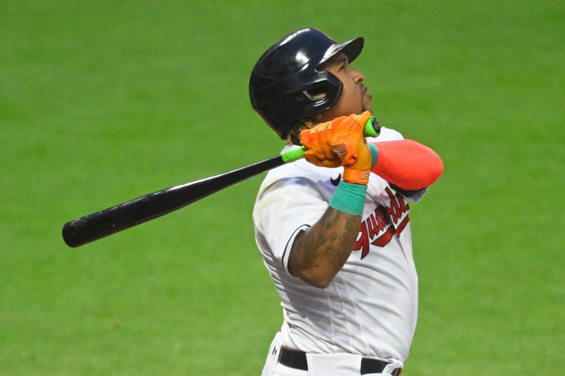 Jun 8, 2023; Cleveland, Ohio, USA; Cleveland Guardians third baseman Jose Ramirez (11) hits a solo home run in the sixth inning against the Boston Red Sox at Progressive Field. Mandatory Credit: David Richard-USA TODAY Sports