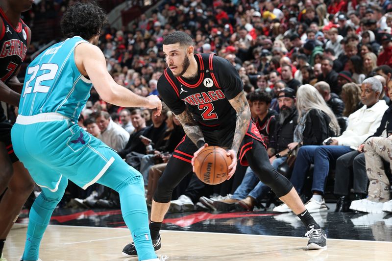 CHICAGO, IL - JANUARY 17: Lonzo Ball #2 of the Chicago Bulls handles the ball during the game against the Charlotte Hornets on January 17, 2025 at United Center in Chicago, Illinois. NOTE TO USER: User expressly acknowledges and agrees that, by downloading and or using this photograph, User is consenting to the terms and conditions of the Getty Images License Agreement. Mandatory Copyright Notice: Copyright 2025 NBAE (Photo by Jeff Haynes/NBAE via Getty Images)