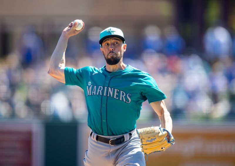 Mar 13, 2024; Phoenix, Arizona, USA; Seattle Mariners pitcher Casey Lawrence against the Los Angeles Dodgers during a spring training game at Camelback Ranch-Glendale. Mandatory Credit: Mark J. Rebilas-USA TODAY Sports