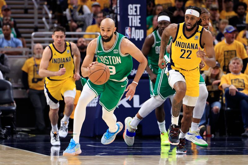 INDIANAPOLIS, INDIANA - MAY 27: Derrick White #9 of the Boston Celtics runs in transition during the second quarter in Game Four of the Eastern Conference Finals at Gainbridge Fieldhouse on May 27, 2024 in Indianapolis, Indiana. NOTE TO USER: User expressly acknowledges and agrees that, by downloading and or using this photograph, User is consenting to the terms and conditions of the Getty Images License Agreement. (Photo by Justin Casterline/Getty Images)