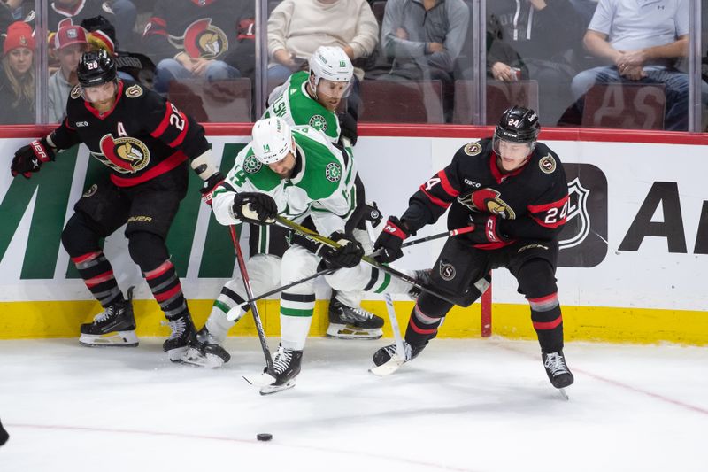 Feb 22, 2024; Ottawa, Ontario, CAN; Dallas Stars left wing Jamie Benn (14) battles with Ottawa Senators defenseman Jacob Bernard-Docker (24) in the third period at the Canadian Tire Centre. Mandatory Credit: Marc DesRosiers-USA TODAY Sports