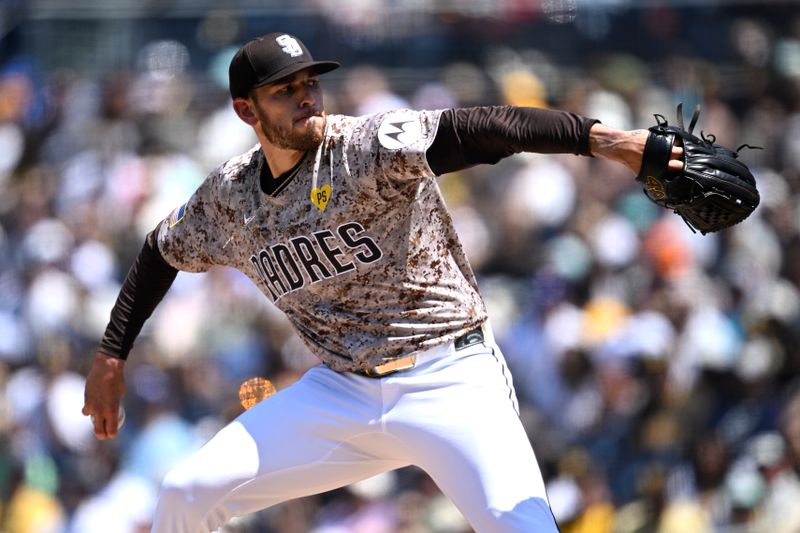 Apr 21, 2024; San Diego, California, USA; San Diego Padres starting pitcher Joe Musgrove (44) throws a pitch against the Toronto Blue Jays during the first inning at Petco Park. Mandatory Credit: Orlando Ramirez-USA TODAY Sports