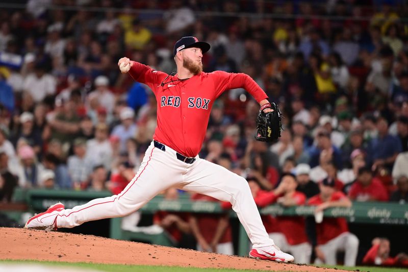 Jun 14, 2024; Boston, Massachusetts, USA; Boston Red Sox pitcher Zack Kelly (76) pitches against the New York Yankees during the sixth inning at Fenway Park. Mandatory Credit: Eric Canha-USA TODAY Sports
