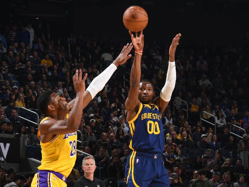 SAN FRANCISCO, CA - FEBRUARY 22:  Jonathan Kuminga #00 of the Golden State Warriors shoots a 3-point basket during the game  on February 22, 2024 at Chase Center in San Francisco, California. NOTE TO USER: User expressly acknowledges and agrees that, by downloading and or using this photograph, user is consenting to the terms and conditions of Getty Images License Agreement. Mandatory Copyright Notice: Copyright 2024 NBAE (Photo by Noah Graham/NBAE via Getty Images)