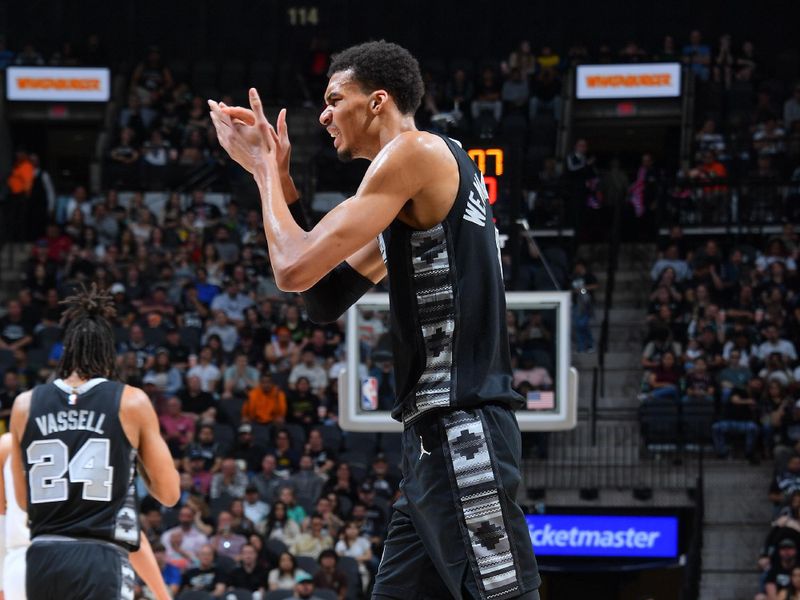 SAN ANTONIO, TX - MARCH 3: Victor Wembanyama #1 of the San Antonio Spurs celebrates during the game against the Indiana Pacers on March 3, 2024 at the Frost Bank Center in San Antonio, Texas. NOTE TO USER: User expressly acknowledges and agrees that, by downloading and or using this photograph, user is consenting to the terms and conditions of the Getty Images License Agreement. Mandatory Copyright Notice: Copyright 2024 NBAE (Photos by Michael Gonzales/NBAE via Getty Images)