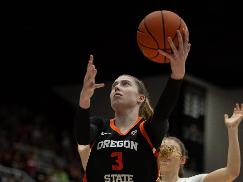 Jan 21, 2024; Stanford, California, USA; Oregon State Beavers guard Dominika Paurov   (3) drives to the basket ahead of Stanford Cardinal guard Hannah Jump (33) during the second quarter at Maples Pavilion. Mandatory Credit: D. Ross Cameron-USA TODAY Sports