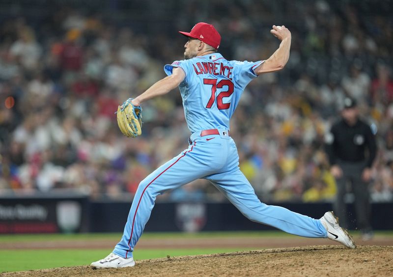 Sep 23, 2023; San Diego, California, USA;  St. Louis Cardinals relief pitcher Casey Lawrence (72) throws a pitch against the San Diego Padres during the eleventh inning at Petco Park. Mandatory Credit: Ray Acevedo-USA TODAY Sports