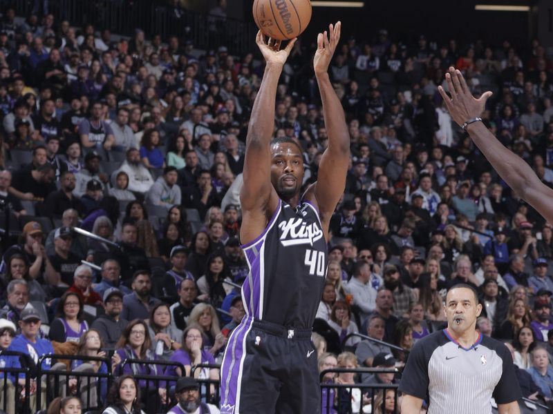 SACRAMENTO, CA - JANUARY 5: Harrison Barnes #40 of the Sacramento Kings shoots the ball during the game against the Toronto Raptors on January 5, 2024 at Golden 1 Center in Sacramento, California. NOTE TO USER: User expressly acknowledges and agrees that, by downloading and or using this Photograph, user is consenting to the terms and conditions of the Getty Images License Agreement. Mandatory Copyright Notice: Copyright 2024 NBAE (Photo by Rocky Widner/NBAE via Getty Images)