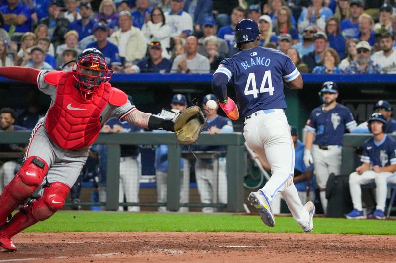 Sep 6, 2024; Kansas City, Missouri, USA; Minnesota Twins catcher Christian Vázquez (8) can’t make a play as Kansas City Royals outfielder Dairon Blanco (44) scores in the eighth inning at Kauffman Stadium. Mandatory Credit: Denny Medley-Imagn Images