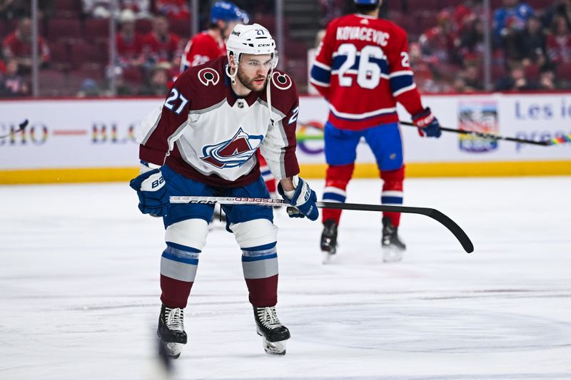 Jan 15, 2024; Montreal, Quebec, CAN; Colorado Avalanche left wing Jonathan Drouin (27) looks on during warm-up before the game against his former team the Montreal Canadiens at Bell Centre. Mandatory Credit: David Kirouac-USA TODAY Sports