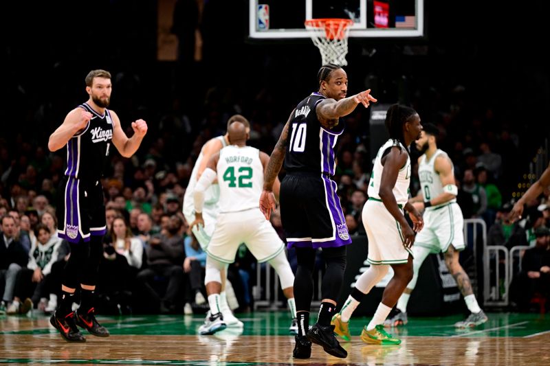 BOSTON, MASSACHUSETTS - JANUARY 10: Demar DeRozan of the Sacramento Kings reacts during the second half of a game against the Boston Celtics at TD Garden on January 10, 2025 in Boston, Massachusetts.  NOTE TO USER: User expressly acknowledges and agrees that, by downloading and or using this photograph, User is consenting to the terms and conditions of the Getty Images License Agreement. (Photo by Billie Weiss/Getty Images)