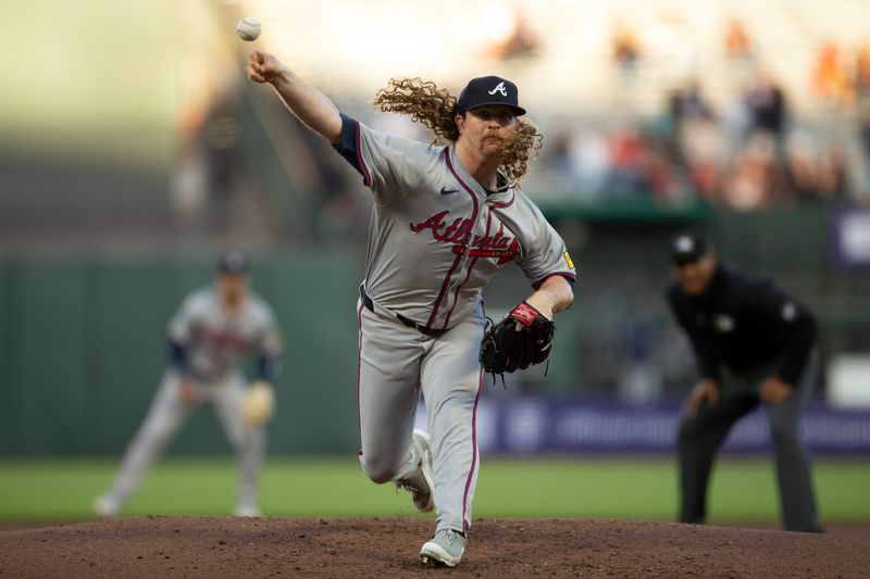 Aug 14, 2024; San Francisco, California, USA; Atlanta Braves pitcher starting Grant Holmes (66) delivers a pitch against the San Francisco Giants during the first inning at Oracle Park. Mandatory Credit: D. Ross Cameron-USA TODAY Sports