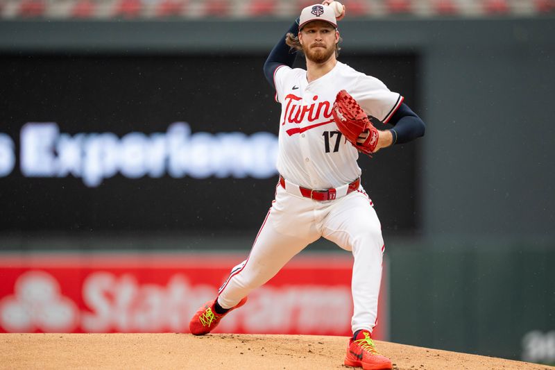 Jul 4, 2024; Minneapolis, Minnesota, USA; Minnesota Twins starting pitcher Bailey Ober (17) pitches to the Detroit Tigers in the first inning at Target Field. Mandatory Credit: Matt Blewett-USA TODAY Sports