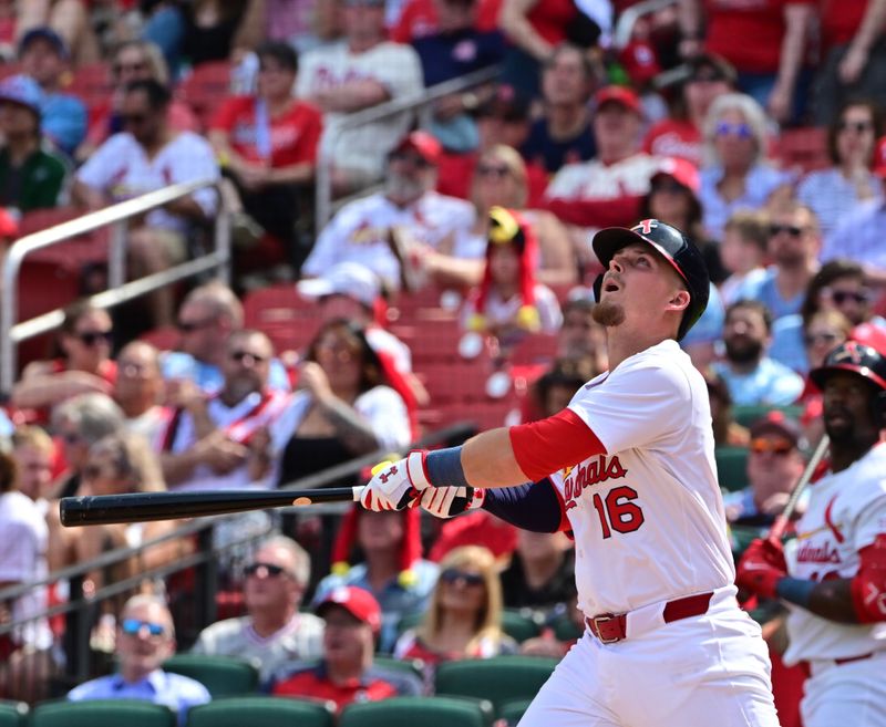 Apr 13, 2025; St. Louis, Missouri, USA; St. Louis Cardinals infielder Nolan Gorman (16) watches his ground rule double down the third base line that scored St. Louis Cardinals third baseman Nolan Arenado (28, not shown) in the sixth inning against the Philadelphia Phillies at Busch Stadium. Mandatory Credit: Tim Vizer-Imagn Images