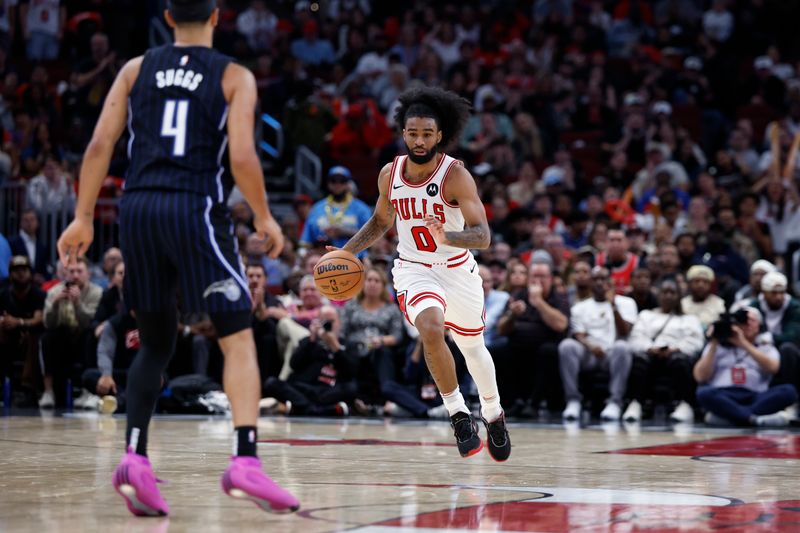 CHICAGO, IL - OCTOBER 30: Coby White #0 of the Chicago Bulls dribbles the ball during the game against the Orlando Magic on October 30, 2024 at United Center in Chicago, Illinois. NOTE TO USER: User expressly acknowledges and agrees that, by downloading and or using this photograph, User is consenting to the terms and conditions of the Getty Images License Agreement. Mandatory Copyright Notice: Copyright 2024 NBAE (Photo by Kamil Krzaczynski/NBAE via Getty Images)