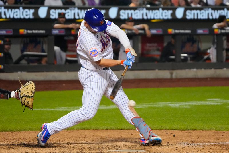 Jul 2, 2023; New York City, New York, USA; New York Mets designated hitter Pete Alonso (20) hits a double against the San Francisco Giants during the seventh inning at Citi Field. Mandatory Credit: Gregory Fisher-USA TODAY Sports