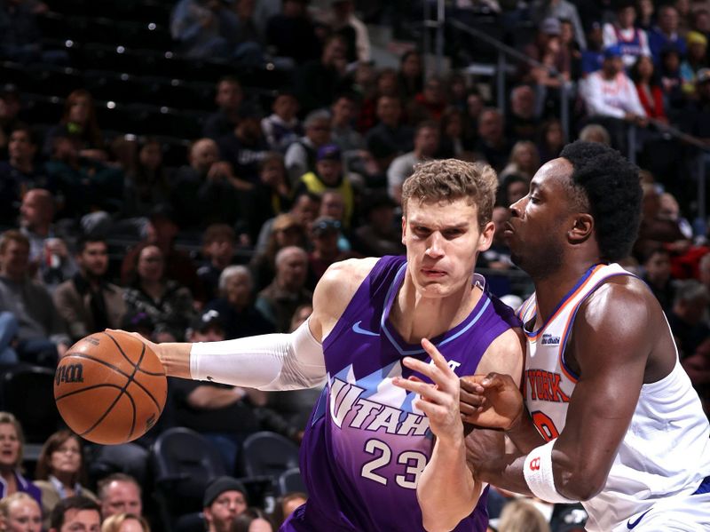 SALT LAKE CITY, UT - NOVEMBER 23: Lauri Markkanen #23 of the Utah Jazz drives to the basket during the game against the New York Knicks on November 23, 2024 at Delta Center in Salt Lake City, Utah. NOTE TO USER: User expressly acknowledges and agrees that, by downloading and or using this Photograph, User is consenting to the terms and conditions of the Getty Images License Agreement. Mandatory Copyright Notice: Copyright 2024 NBAE (Photo by Melissa Majchrzak/NBAE via Getty Images)